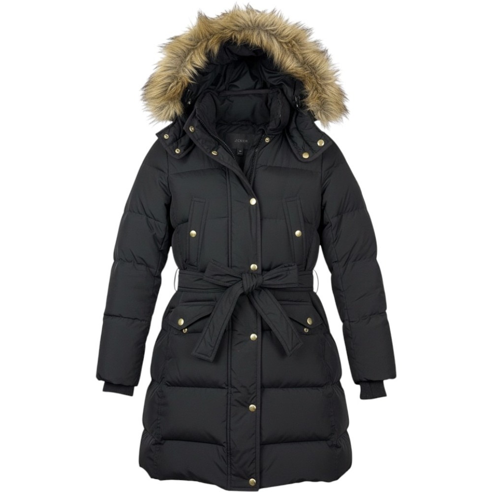 J.CREW PXS Black Puffer Parka Down Faux Fur Hood Belted Winter Coat